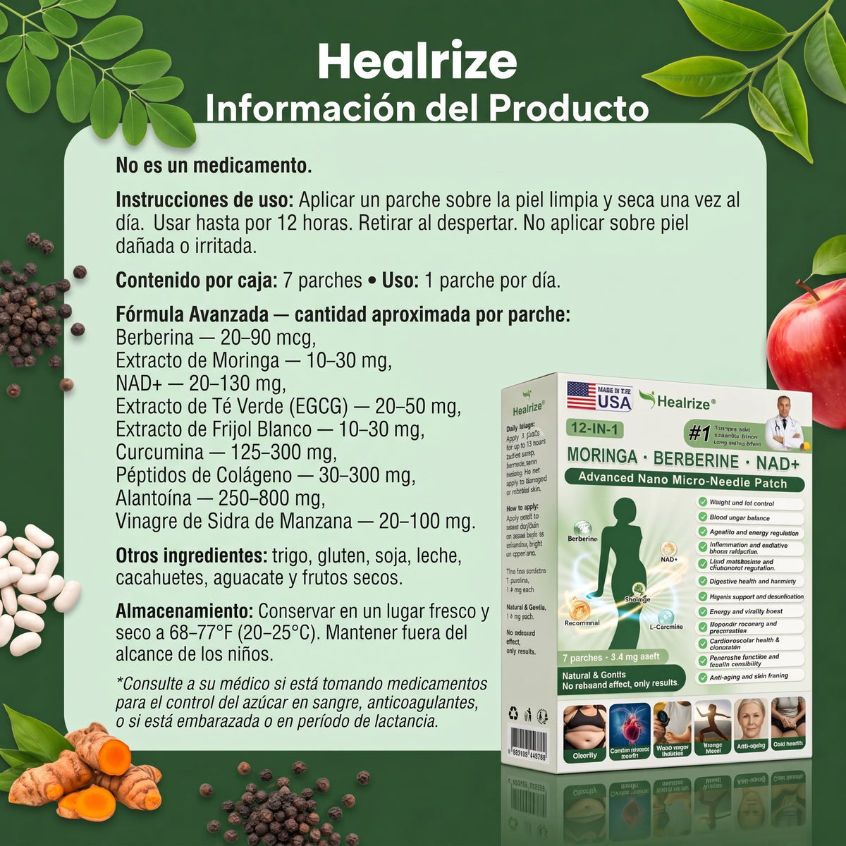 Tienda oficial | Parche adelgazante 12 en 1 Healrize® 2026 con moringa, berberina y NAD+ (controla el apetito, regula el azúcar en sangre, previene la diabetes y elimina la flacidez mientras duermes)