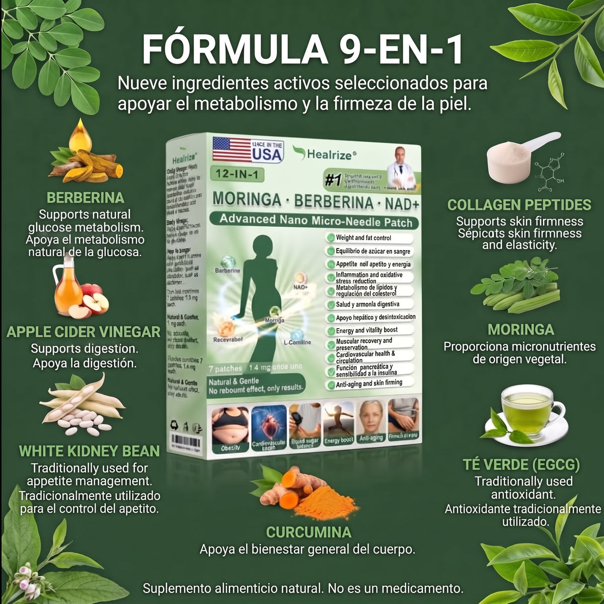 Tienda oficial | Parche adelgazante 12 en 1 Healrize® 2026 con moringa, berberina y NAD+ (controla el apetito, regula el azúcar en sangre, previene la diabetes y elimina la flacidez mientras duermes)